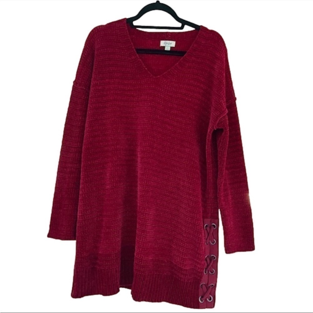 Style&co Red V-Neck Lace Up Sweater, L